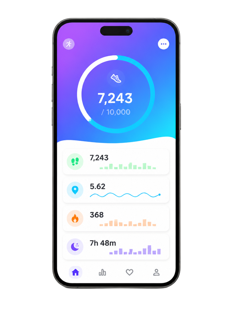 Mockup of a fitness app on a phone, with a daily step ring and activity cards.