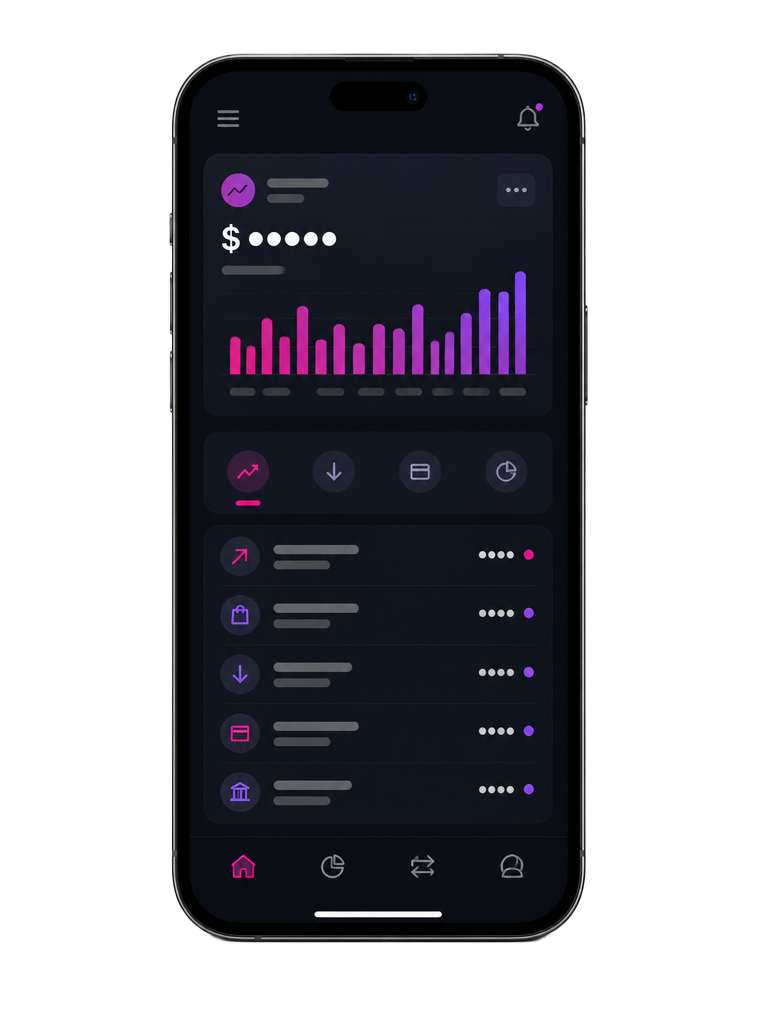 Mockup of a dark-mode finance app on a phone, with a balance and a bar chart.