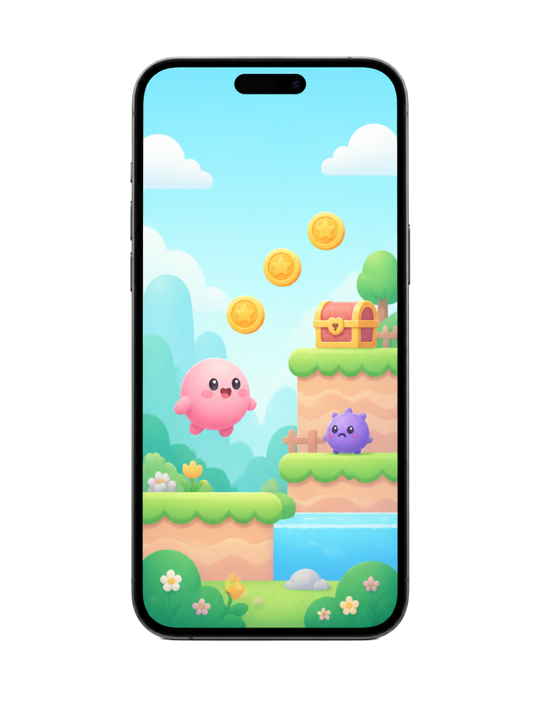Mockup of a colorful 2D platform game on a phone.